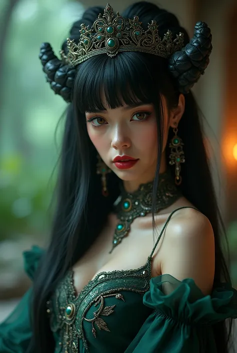 a beautiful sorceress, a seductive pose, an alluring look, long straight black-green hair, a bun on her head, long bangs, garnet eyes, slate-colored dress, spectacular makeup, ornate headdress, charm, elegant jewelry, mystical aura, cinematic lighting, dee...