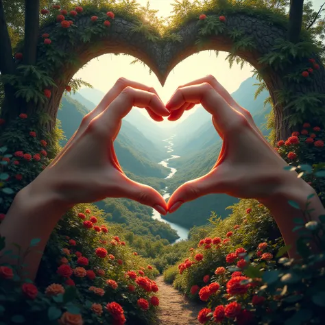  To Your Beloved Girl Picture 2 Hands that create a heart in the center of the image ,  through the hands that depict the heart you can see like a magnifying glass Composition from Sea Land with Vivid Flower Valleys in Beautiful and Spectacular Landscapes,...