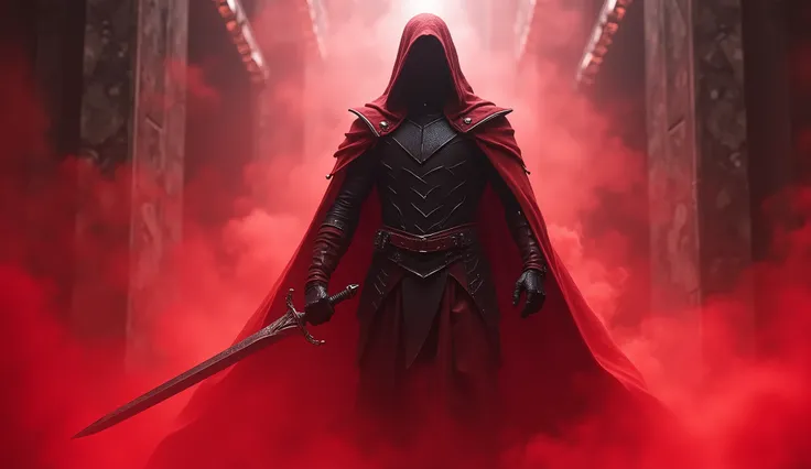  a powerful necromancer monarch wearing a red fog 、Covered in Crimson Mist、 wearing a black combat suit {x} and a powerful sword