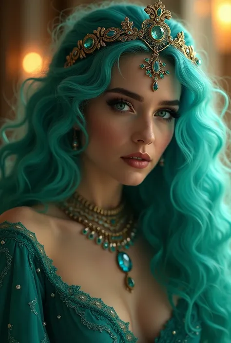 beautiful sorceress, seductive pose, alluring look, long curly aquamarine-green hair, long bangs, aquamarine eyes, aquamarine dress, spectacular makeup, ornate headdress, charm, elegant jewelry, mystical aura, cinematic lighting, deep saturated colors, 3D ...