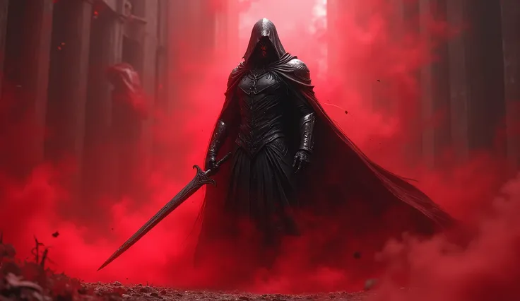  a powerful necromancer monarch wearing a red fog 、Covered in Crimson Mist、 wearing a black combat suit {x} and a powerful sword