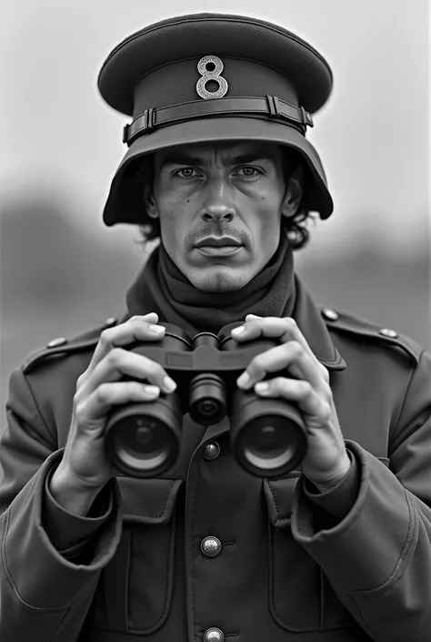 a black and white photo of a man in uniform holding binoculars, a portrait by Carlo Carrà, flickr, renaissance, ralph macquarrie, lawrence of arabia, french resistance, gurney, hugh ward, jock, close portrait, portrait of a soldier, gunner, iain mccaig, sm...