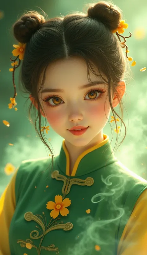  Make me an antique chinese poster.  in the picture is a girl of average age , love , fragile , optimistic, naughty .  Girls name is first love .  Allowed to use the power of green gas. brown hair,  copper-yellow eyes .  Hair tied in bun and braid ,  Small...