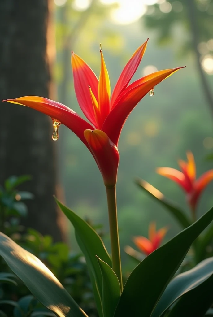  A plant with red flowers , The tips are yellow ,  it has a long stem and large leaves,  it grows under a tree ,  on a flower drips honey down ,  the flowers are more like a tulip  