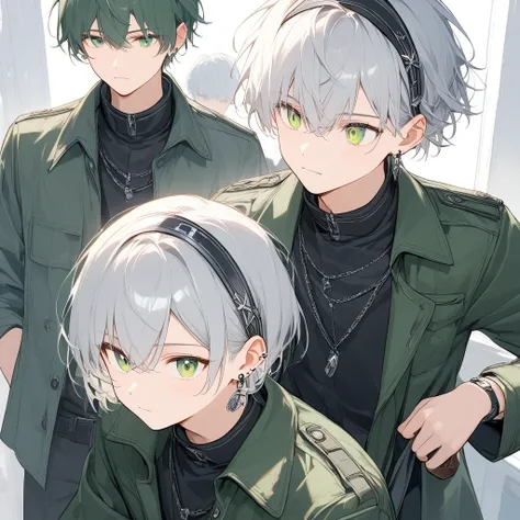  silver short hair band earrings，The eyes are overwhelmed，Metal，Metal系魔法师，Wearing dark green clothing，Boys 