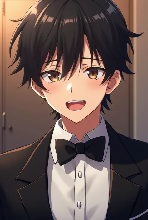 a close up of a person wearing a tuxedo, handsome Anime guy, warm and gentle smile, a radiant, ufotable art style, expressive happy smug expression, soft happy smile, a confident smile, he is smiling, perfect anime face, sarcastic cute happy smile, ufotabl...