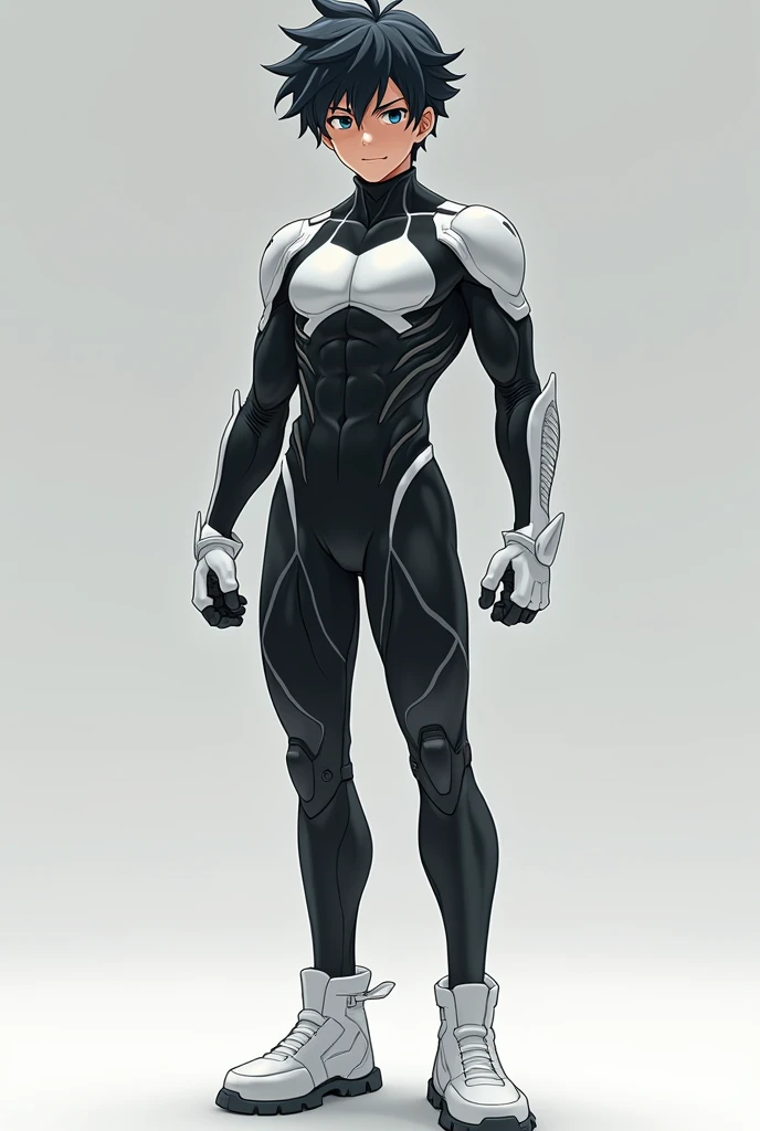 teenage anime boy wearing a black bodysuit with white accents, and white gloves and boots.