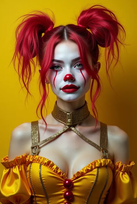 An Award-Winning Masterpiece for Vogue Fashion magazine, Sensual, Sexy, Desirable, Hot, Award-Winning Masterpiece,  a woman dressed as a sexy clown with mixed colored hair, in the style of magical girl, colorful Moebius, light yellow and dark crimson, penc...