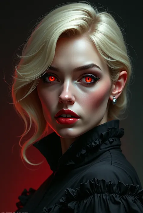 Lillustration dun vampire. Un portrait. Une femme. Une femme blonde aux yeux rouges. La cinquantaine.