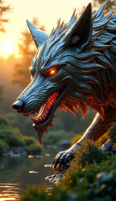 "A futuristic mansion with architecture inspired by an ornate wolf design, featuring intricate metallic patterns resembling a wolfs fur and fierce expression, glowing orange lights illuminating the structure, surrounded by lush greenery and a reflective wa...