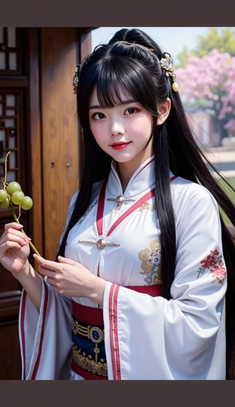 a beautiful  woman，A beautiful face。Wearing ancient Chinese clothes。Holding a bunch of fine grapes in his hand