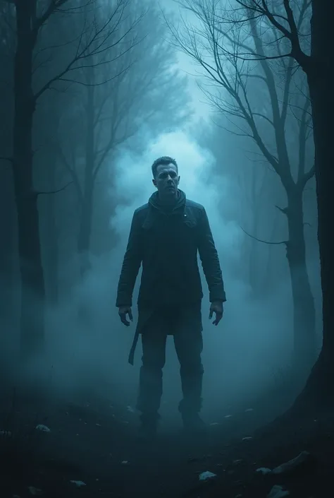 "A man in a foggy forest at night, frozen in fear as he feels something behind him. His face is pale, and his breath is visible in the cold air."