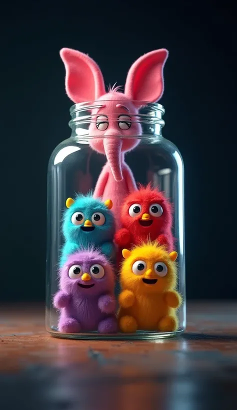 "In a dark background, a glass jar contains five colorful and unique emotional characters representing joy, sadness, anger, disgust, and fear, each with distinct and vibrant expressions. Outside the jar, a whimsical pink elephant-like creature with large e...