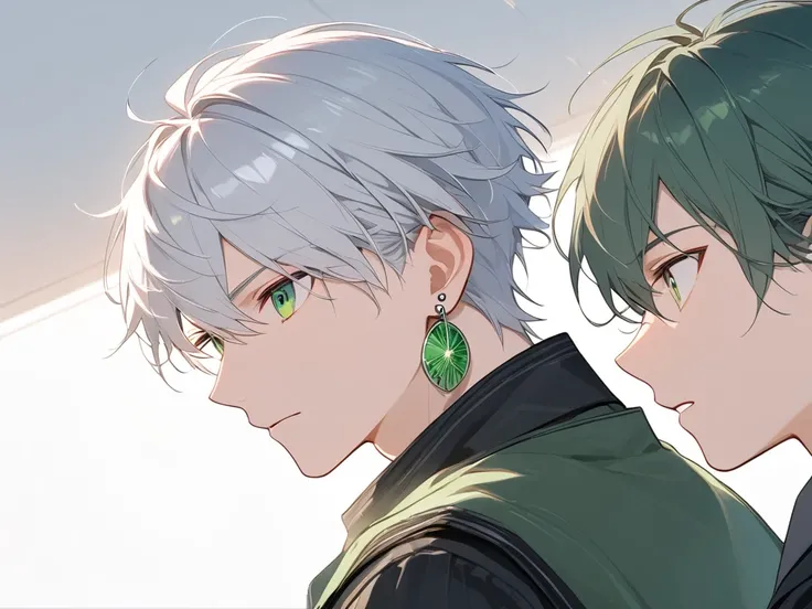 Boys， silver hair， with earrings ，The eyes are overwhelmed，Metal，Metal系魔法师，Wearing dark green clothing，