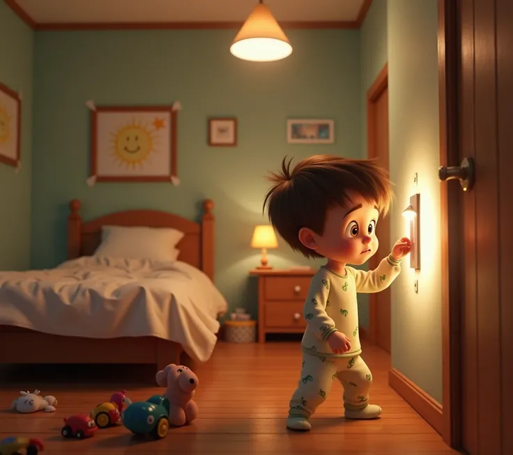 A cinematic 3D render in Pixar style. A small s bedroom at night, warmly lit by a white overhead light. A  boy with tousled brown hair and wide, expressive eyes stands next to a light switch on the wall, looking nervously at it. He wears light-colored paja...