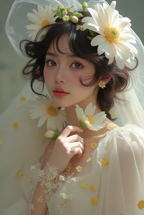  There is a woman wearing a veil， holding a flower in her hand , A delicate painting by Ye Xin,  is popular in the CG community, Fantasy Art, dream般的美丽, 🌺 CG Society, Gu Weiss, artwork in the style of Gu Weiss, dream,  trending on cgstation ,  Ethereal Fai...