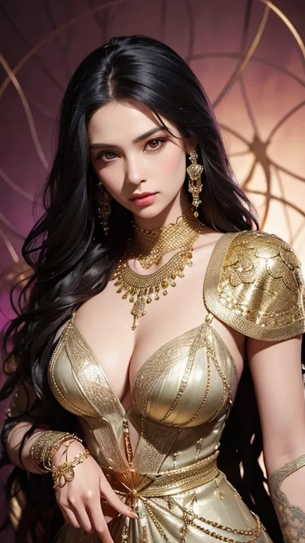 A woman with long wavy black hair and wearing a chain mail dress holding a gold dagger threateningly, in  pastel art style, close up, shimmering background