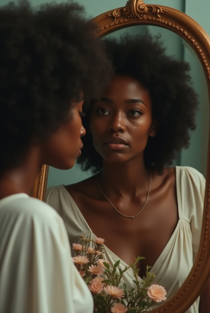 Une jolie belle femme noir habiller comme une chrétienne en se regardant dans une miroir, avec une forte émotion et larmes qui coulent aux yeux. La personne physique doit être affichée sur limage en même temps son reflet dans le miroir avec langle dobserva...