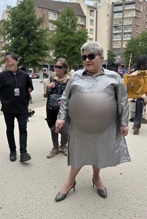 A real photograph of a stunningly beautiful elderly grandmother with huge granny milkers. She is wearing s flared skirt shirtwaist dress and classic six inch stiletto heels. She has a beautiful smile and carries herself proudly as she walks through the cit...