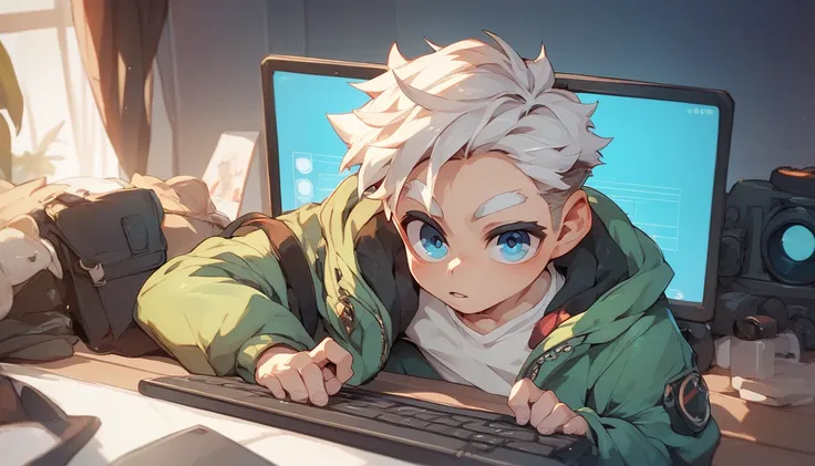 A young boy in green jacket over white tshirt white hairs white eyebrow blue eyes seated infront of a computer giving information to viewers dolly camera shot 