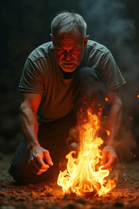 A man whose leg is burning in fire