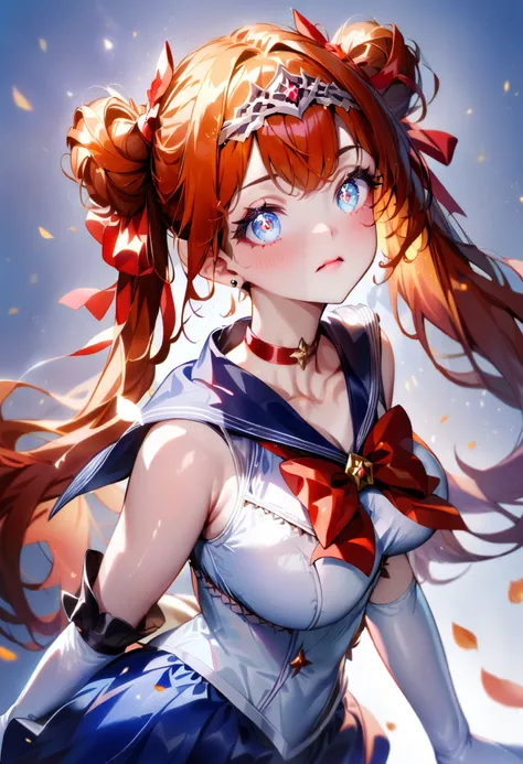 large breasts,masterpiece, best quality, very aesthetic, absurdres,A girl with long hair, double buns, twin tails, split bangs, medium bust, tiara, earrings, blue eyes, red choker, blue sailor collar, red ribbon, white shirt, elbow gloves, white gloves, bl...