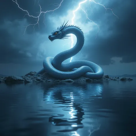 A celestial serpent coiled around a towering storm cloud, controlling lightning over a tranquil lake. Its shimmering, luminous scales ripple with energy, reflected perfectly in the lake’s still surface. As the serpent unleashes a massive lightning strike, ...