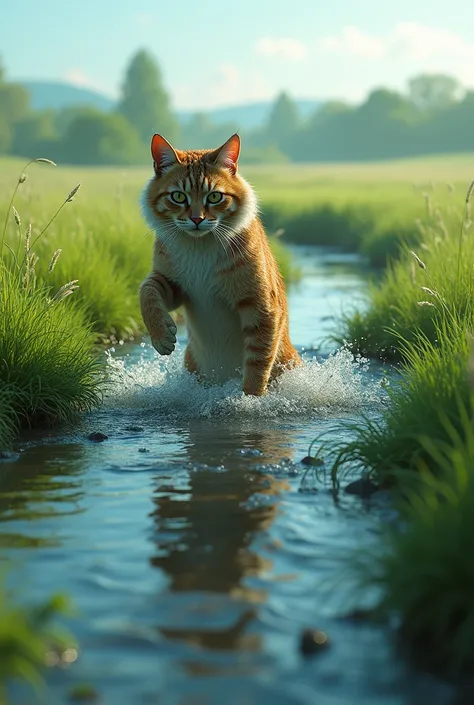 The cat is rising from the river, the river is flowing through the green grass field, both hands are in the water.