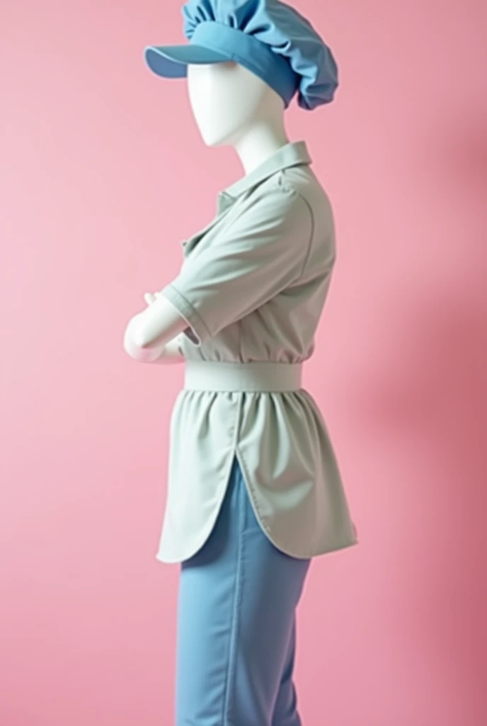  Create a well-structured pastel-colored kitchen uniform that is modeled on a mannequin, short shirt so that the pants do not get sleeved , Add a kitchen cap that looks full and that is blue and the background is pink  