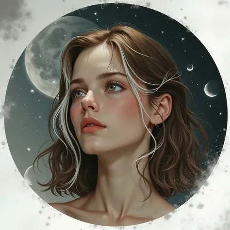 Crée moi une illustration qui me ressemble (shoulder length hair, bruns avec des mèches blanches), And who evokes the black moon in Sagittarius 