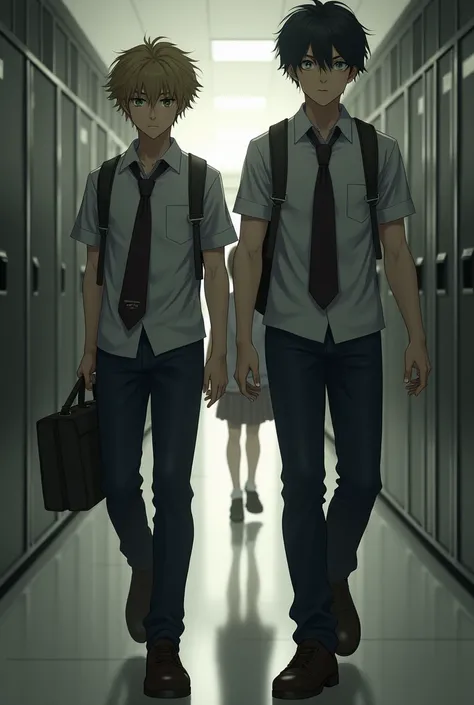  Two teenagers walking in a school corridor side by side,  the shortest one is a brown blonde ,  green eyes, The thick hair ,  in a school uniform suit , You have a serious look . The other boy a little taller ,  with black hair ,  has long bangs ,  wearin...