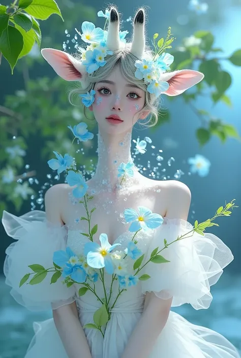  a giraffe in a white dress with blue flowers and green leaves,  ethereal ,  Fantastic Beauty,  was inspired by Cheng Yanjun ,  There are frozen flowers all around , 🌺 CG Society,  fantasy close-up of water magic , ethereal!!!  Super Realistic , Yanjun Che...