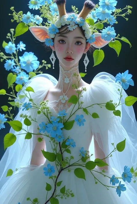 A giraffe in a white dress with blue flowers and green leaves, An ultra-realistic painting inspired by Cheng Yanjun,  is popular in the CG community, Fantasy Art,  ethereal ,  Fantastic Beauty,  There are frozen flowers all around , 🌺 CG Society,  fantasy ...