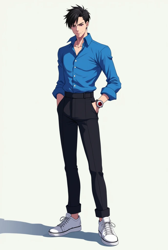 Anime style, An adult male with blue shirt, black pants, white shoes with the Stand heavenly diamond 