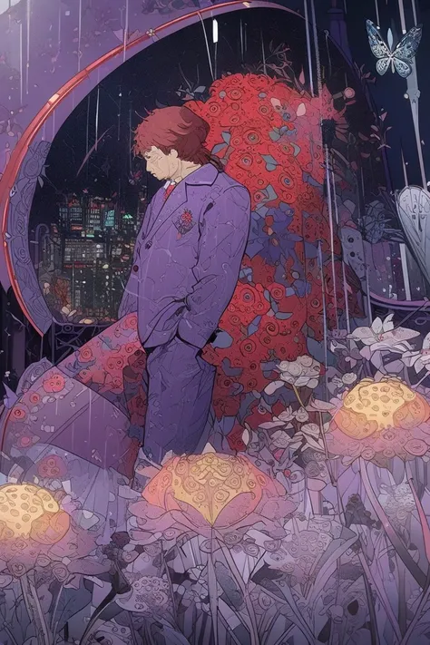  old red-haired young man, in a purple suit with school uniform details, holding an open umbrella, crouched down looking at a small butterfly that is on top of a flower, night city cloudy and raining, solo, detailed, concept art, digital art, anatomically ...