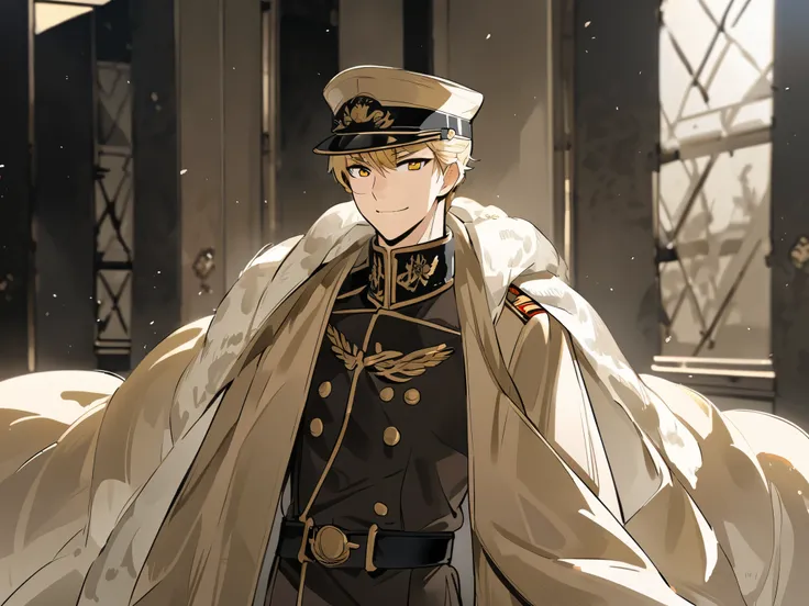 Commander , Standing alone , High ranking military officer uniform , Wearing a military hat , Shawl , young , Brown suit , Blonde hair , handsome , smile , Golden eyes.