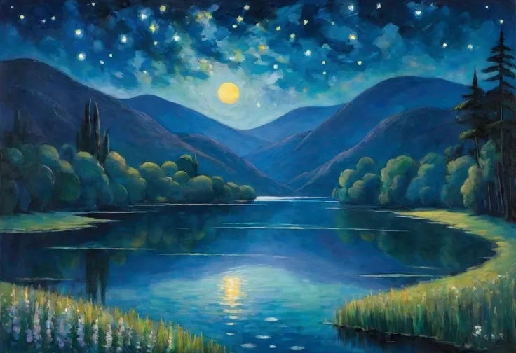  Quiet lake 、 compose your Impressionist and Expressionist paintings to the music of three composers: c. Debussy - claire De Lune M. Ravel Bolero A  . Schoenberg - Pieros Moonlight Song  (significance & style)， Starry Nights , 