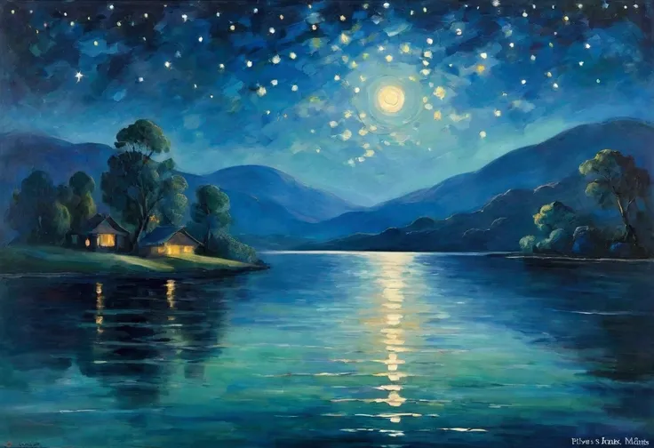  Quiet lake 、 compose your Impressionist and Expressionist paintings to the music of three composers: c. Debussy - claire De Lune M. Ravel Bolero A  . Schoenberg - Pieros Moonlight Song  (significance & style)， Starry Nights , 