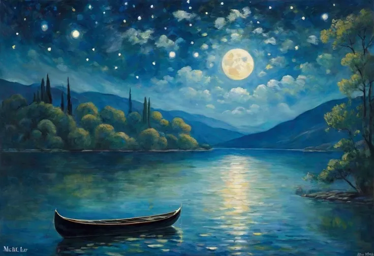  Quiet lake 、 compose your Impressionist and Expressionist paintings to the music of three composers: c. Debussy - claire De Lune M. Ravel Bolero A  . Schoenberg - Pieros Moonlight Song  (significance & style)， Starry Nights , 