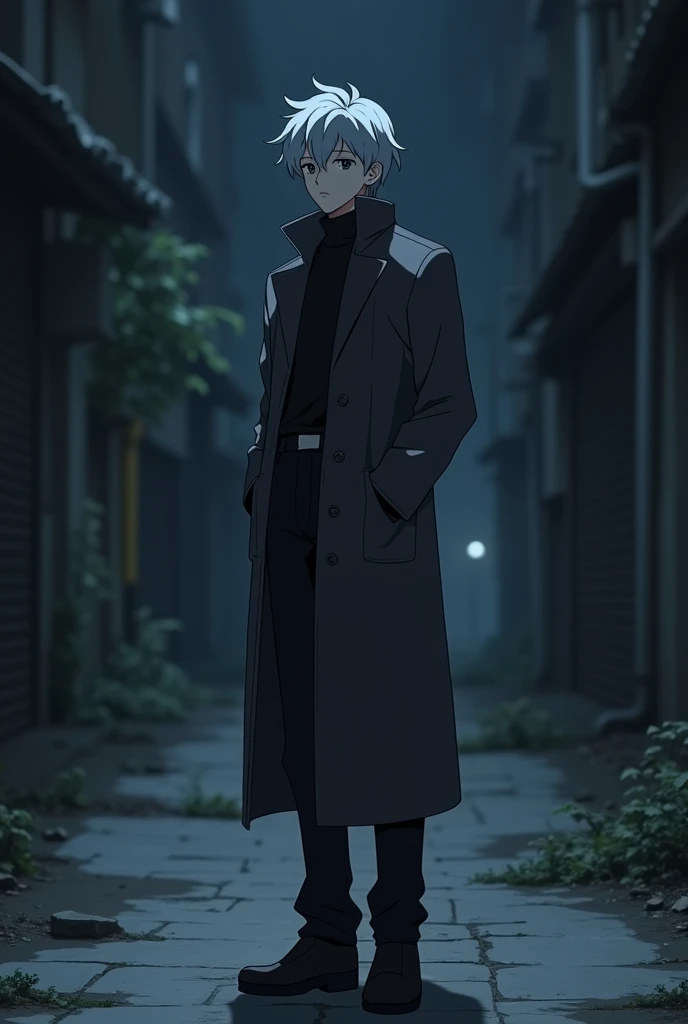  Picture an 18-year-old boy with grayish white hair, dark gray coat, long black pants, and black mens shoes,The background is a dark alley on a dark night where you are alone. .  The picture is a mix of animation and semi-live action.