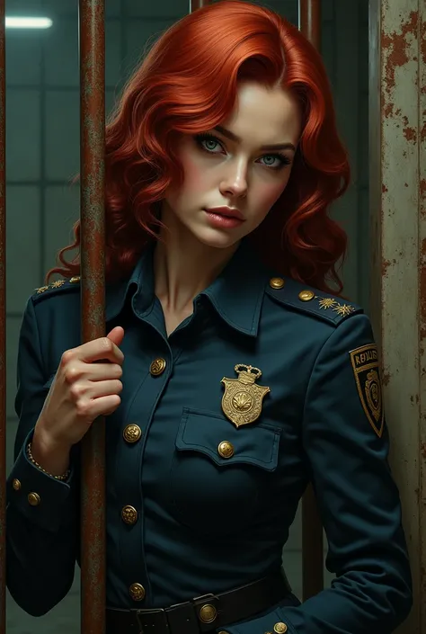  A pretty red-haired woman, Dressed as a cop, In jail, holding a club 