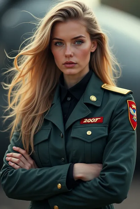 A beautiful blonde woman 28 years old ,  pilot Russian lieutenant with arms crossed 