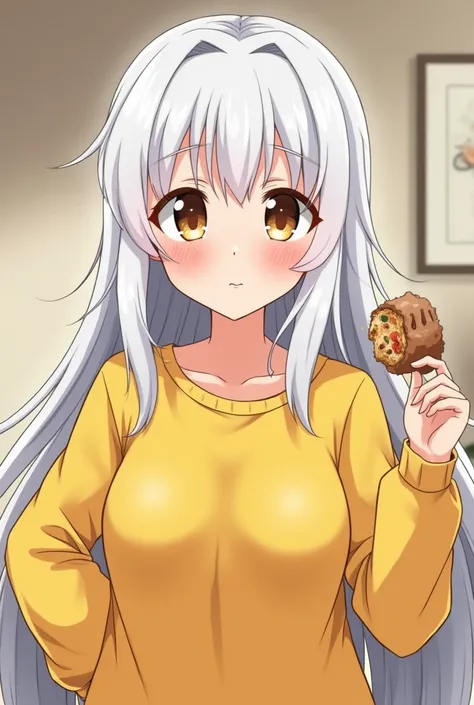 (Anime Cartoon) Naked white hair burnt brunette eyes color yellow sweatshirt brown breast many big half bitter and half fat she eats cock 