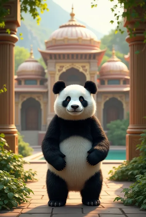 A charming panda standing in front of a luxurious palace with intricate architecture, surrounded by lush green gardens. The palace features ornate domes, arches, and detailed carvings, with vibrant greenery in the background. Realistic textures and lightin...