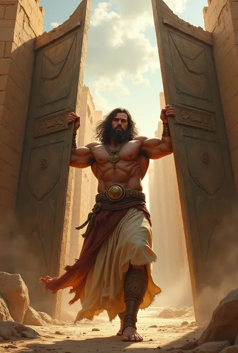 Biblical character Samson strong muscular man carrying on his shoulders the gates of Gaza City