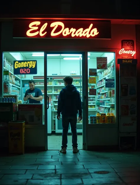 A dramatic and cinematic scene of a 15-year-old boy entering a small convenience store named El Dorado at night, trying to be discreet. The store is dimly lit with neon signs on the windows, shelves stocked with snacks and drinks, and a colorful sign displ...