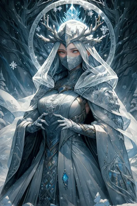 A full art illustration of an elegant and protective figure, resembling a craftsman of winter. The figure is dressed in winter-inspired details, including a cloak made of solid snow and intricately designed gloves. The face is partially obscured by a mask ...