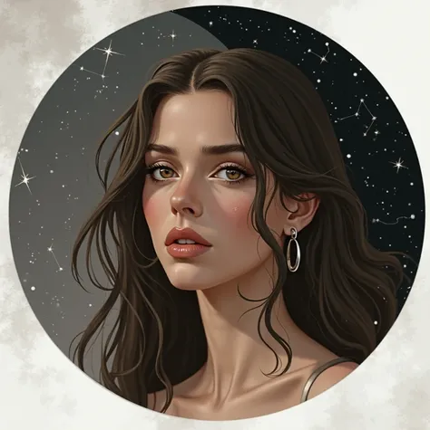 Crée une illustration de moi en pied, qui me ressemble brune, cheveux au niveau des épaules, avec une lune totalement noire et un sagittaire en étoile 