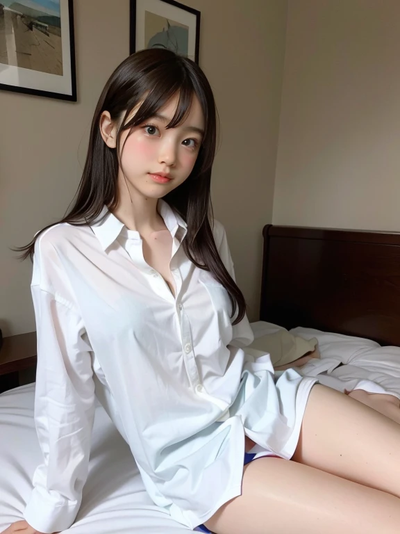 Cute girl, On the bed, Shady hotel room, naked and wearing only a shirt, Sitting on the bed with legs spread, Nipples visible through large shirt collar, Large size shirts, Very embarrassing, View your viewers, Detailed skin, Detailed face, slender, girl, ...