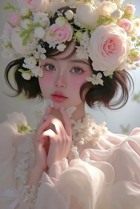 There was a woman，Wears a flower hat on the head ， has a butterfly decoration on the head, Digital art inspired by Yanjun Cheng ,  is popular in the CG community, Rococo, Fairy Tale Core, artwork in the style of Gu Weiss, Gu Weiss,  aesthetically cute ，Ste...